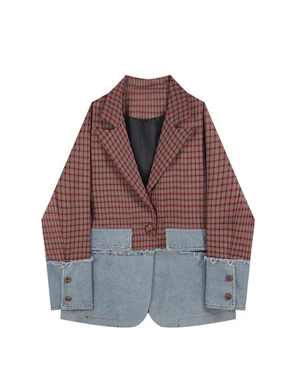 Women Plaid Patchwork Suit Jacket Office Ladies Loose Fashion Blazer Female Vintage Lapel Single Breasted Long Sleeve Coats