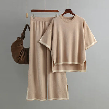 Minimalist Style Patchwork O-neck Short Sleeve Loose Sweater Casual Tops High Waist Pant 2 Piece Set