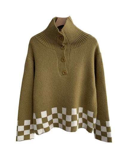 Checkered Loose Sweater For Women Autumn Winter New Turtleneck Button Long Sleeve Elastic Pullovers Knit Top