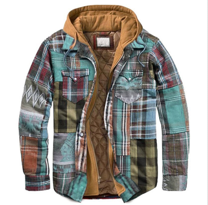 Men's plaid jacket long sleeved 3D fabric printed coat cotton jacket