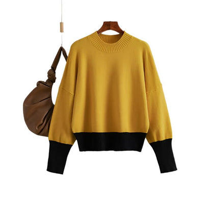 Women's knitted sweater round neck loose color blocked top sweater for women