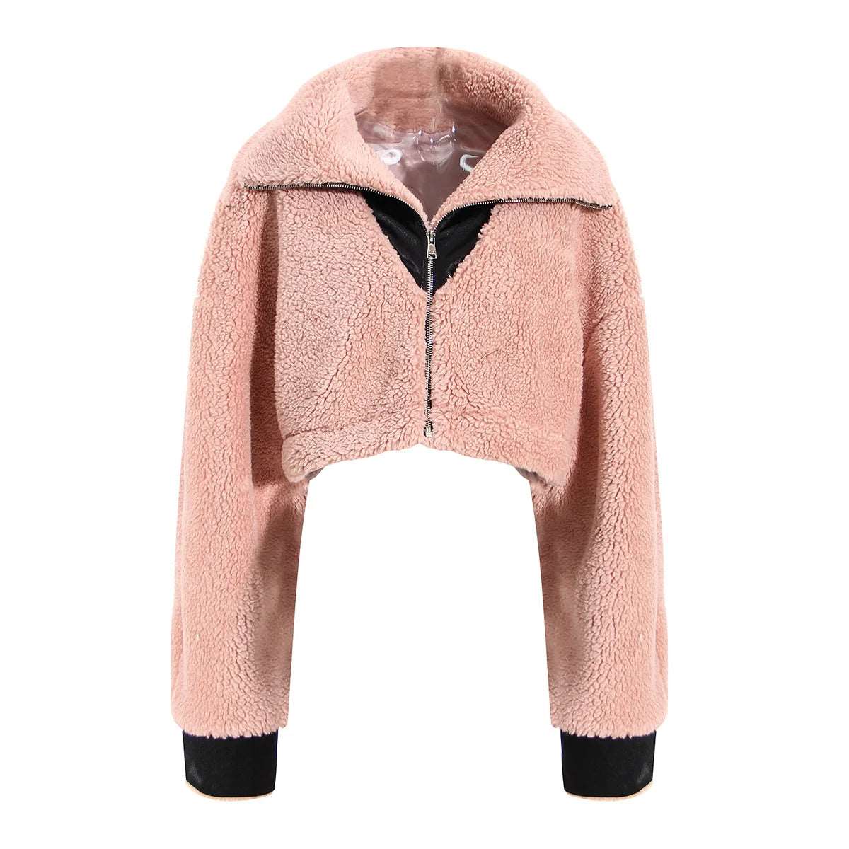 Detachable Shortened Turtleneck Coat Women Loose Solid Color Zipper Cardigan Lamb Coat