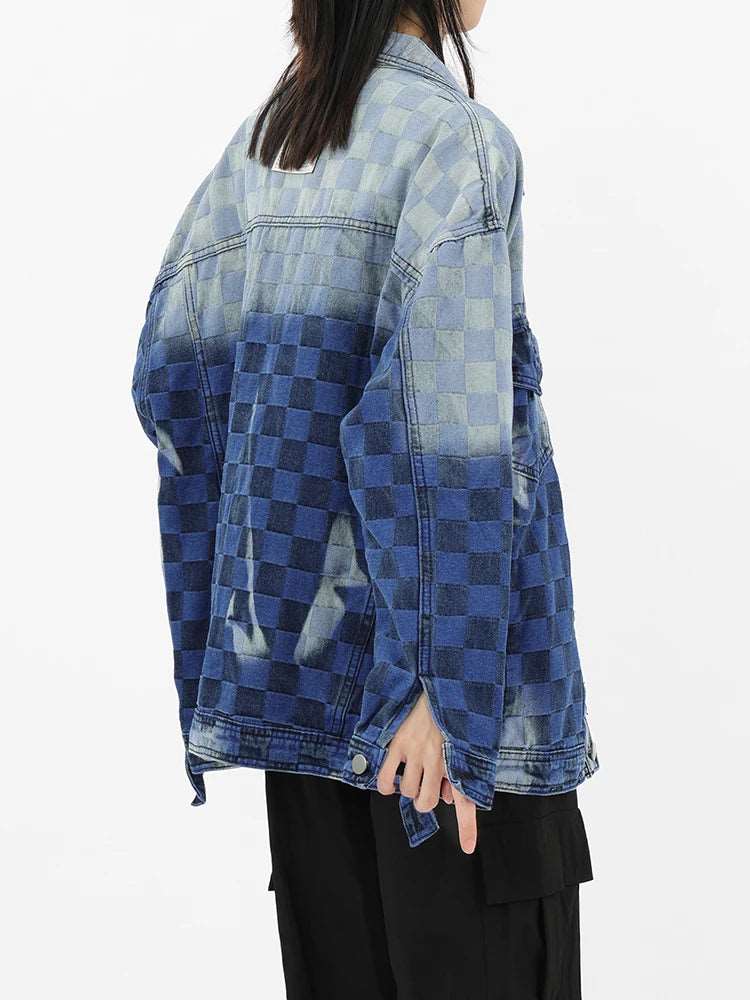 Diamond Lattice Denim Coat For Women Fashion Gradient Color Lapel Pocket Patchwork Loose Jacket Autumn