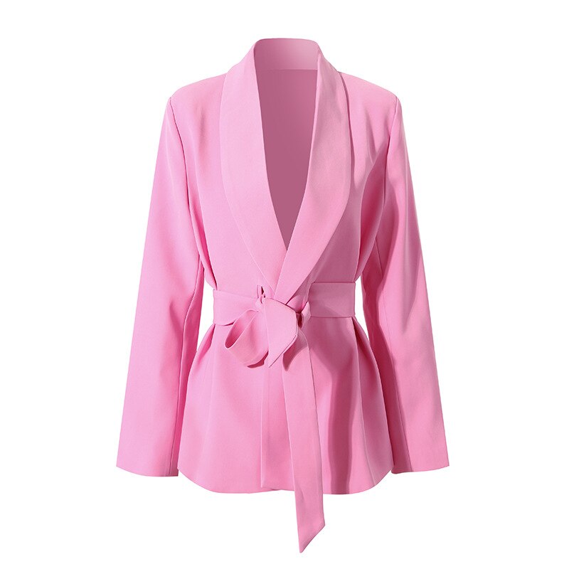 Pink Blazer Women Spring Long Sleeve Ladies Tops Fashion Design Lace Up Slim Formal Blazer With Belt Suit Jacket