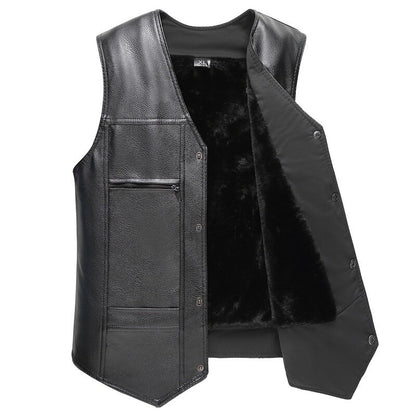 Black Men PU Leather Fleece Vest Large Size Autumn Winter Middle-aged Fashion Men's Loaded Fleece Vest Coat