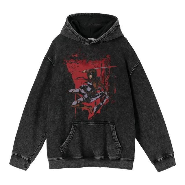 Hoodie's New Attack on Giant Anime Surrounding Print Trendy Brand Water Wash Retro Hooded Hoodie for Men