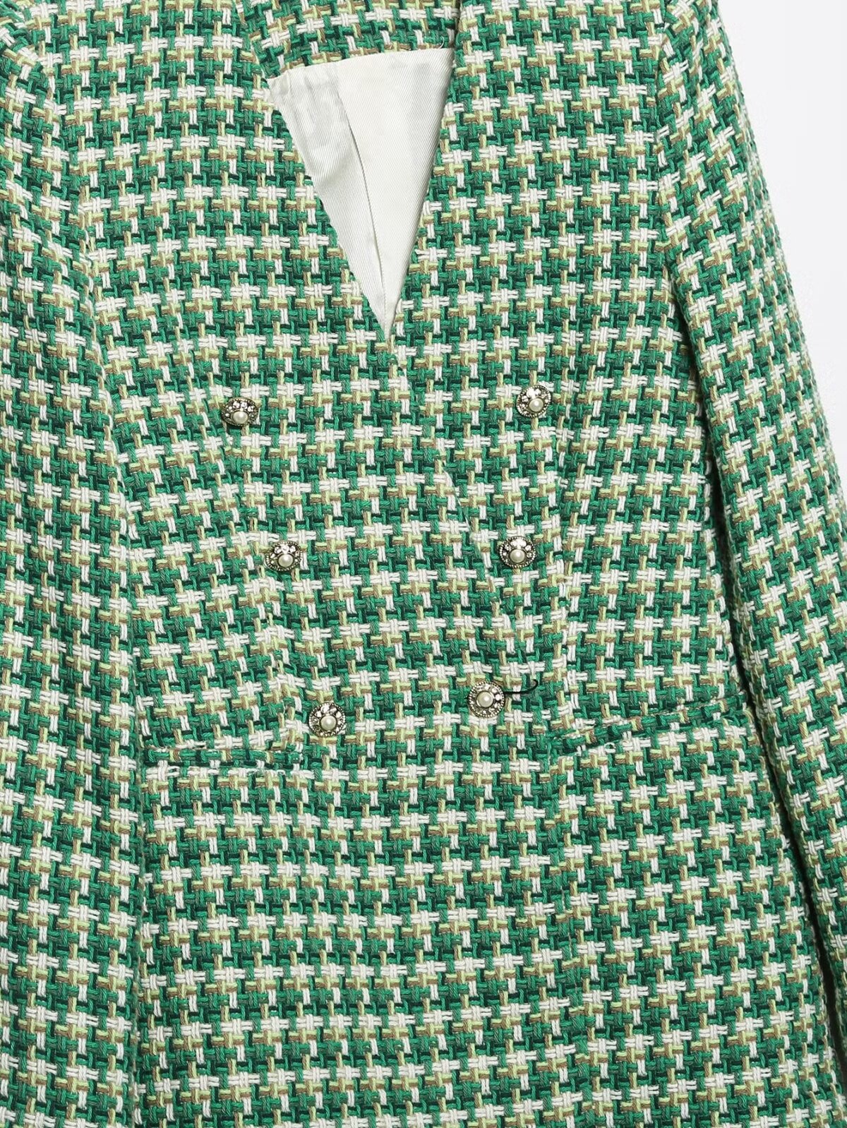 Women's Spring Retro V Neck Pocket Office Blazer Fashionable Green Plaid Textured Double Breasted Women's Blazer Chic Top