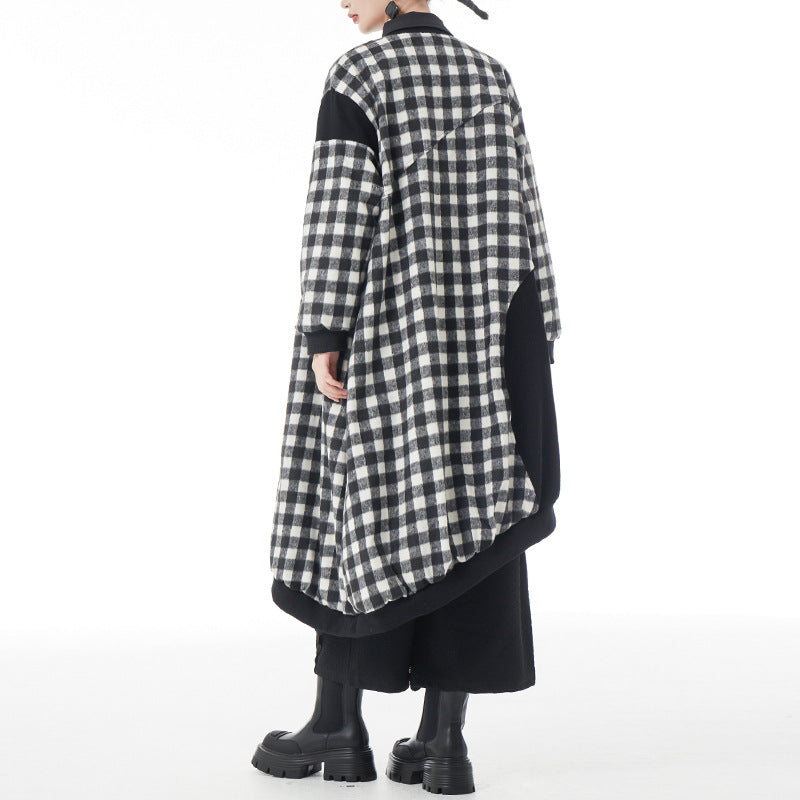 Black and white checkered woolen coat women's new loose contrasting splicing asymmetrical woolen coat