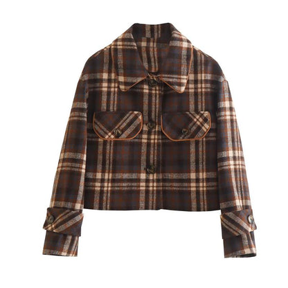 Vintage Plaid Winter Coat Women Retro Style Pockets Short Jacket Female Fashion Warm Street Outerwear