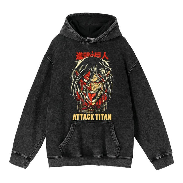 Hoodie's New Attack on Giant Anime Surrounding Print Trendy Brand Water Wash Retro Hooded Hoodie for Men