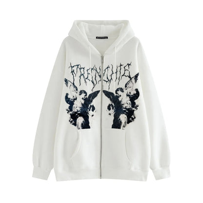 Hip Hop Streetwear Women Hoodies Goth Angel Dark Print Zipper Jacket Coat