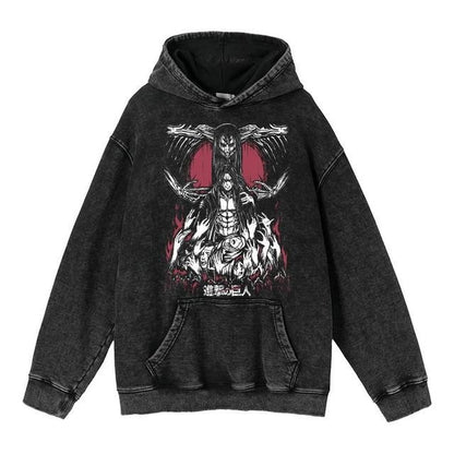 Hoodie's New Attack on Giant Anime Surrounding Print Trendy Brand Water Wash Retro Hooded Hoodie for Men