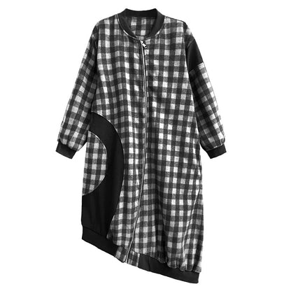 Black and white checkered woolen coat women's new loose contrasting splicing asymmetrical woolen coat