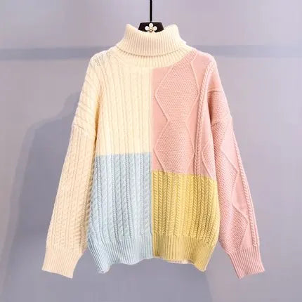 Fashion Patchwork Women Knitted Sweater  Autumn Winter Turtleneck Thick Warm Sweaters Loose Pullover Female Jumpers Tops