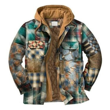 Men's plaid jacket long sleeved 3D fabric printed coat cotton jacket