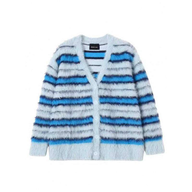 stitching striped cardigan sweater women fringe knitwear autumn winter retro V-neck knitwear Korean version top