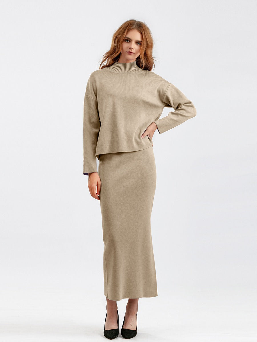 2 Pieces Knit Sets Women Maxi Skirt Tracksuits Winter Warm Turtleneck Sweater + Long Midi Straight Skirt Two Pieces Sets