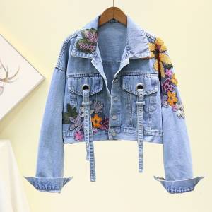 Autumn Denim Jacket Women Flowers Embroidery Sequins Jeans Coat Loose Long Sleeve Casual Student Short Clothes Streetwear H302