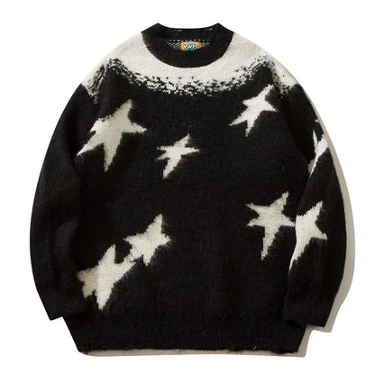 Star Graphic Patchwork Knitted Sweaters Mens Hip Hop Harajuku Oversized Casual O-Neck Y2K Pullover Couples Streetwear