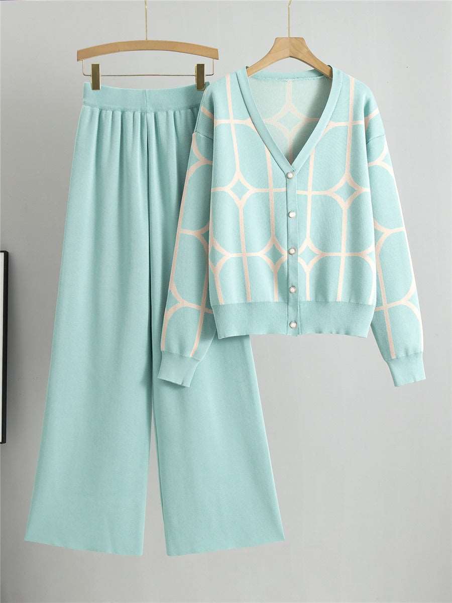 Fashion Knitted Set Women's Jacquard V-neck Cardigan Wide Leg Pants Two Piece Set