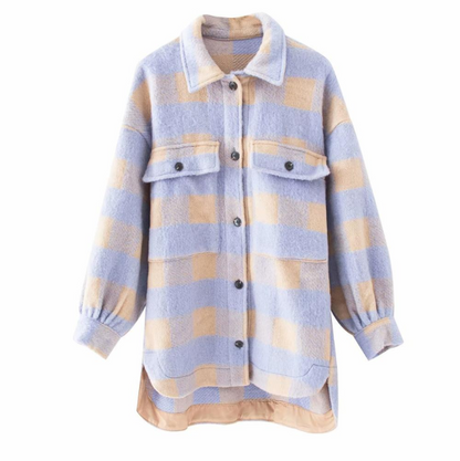 Stylish Sweet Plaid Woolen Shirt Jackets Women Fashion Pockets Turn-down Collar Check Jacket Cute Girls Chic Coat Streetwear