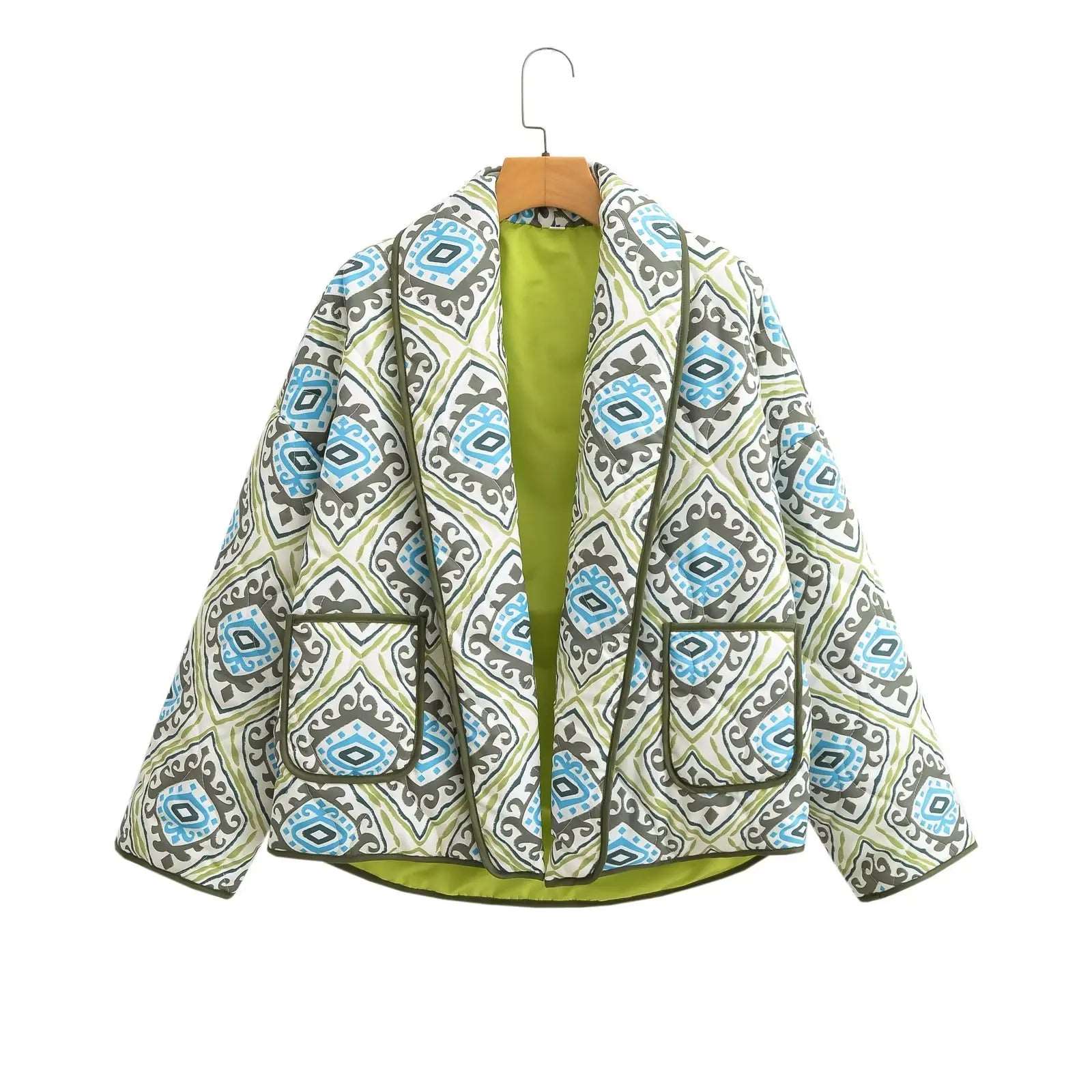 Autumn Winter Green Paisley Flower Print Lapel Quilted Coat Ethnic Women Quilting Full Sleeve Warm Loose Jacket Outerwear