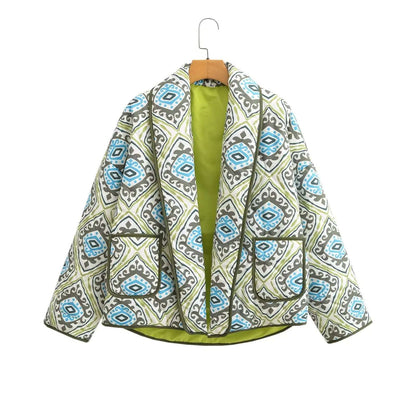 Autumn Winter Green Paisley Flower Print Lapel Quilted Coat Ethnic Women Quilting Full Sleeve Warm Loose Jacket Outerwear