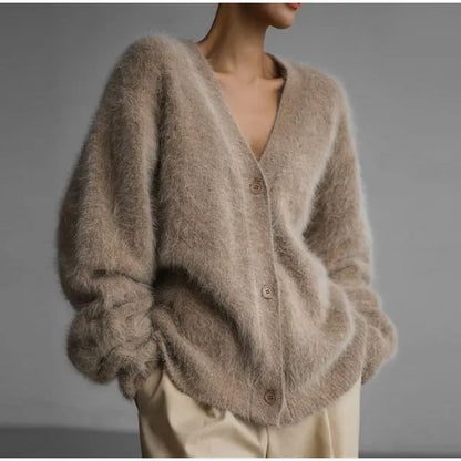 Contrast Color Mohair Cardigan For Women Loose Long Sleeve Single Breasted Knitted Pullover Autumn Chic Lady Streetwear