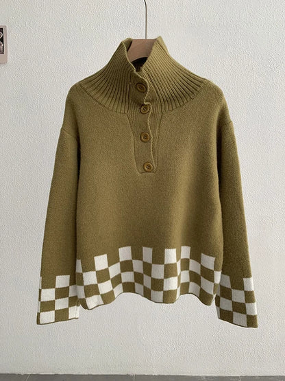 Checkered Loose Sweater For Women Autumn Winter New Turtleneck Button Long Sleeve Elastic Pullovers Knit Top