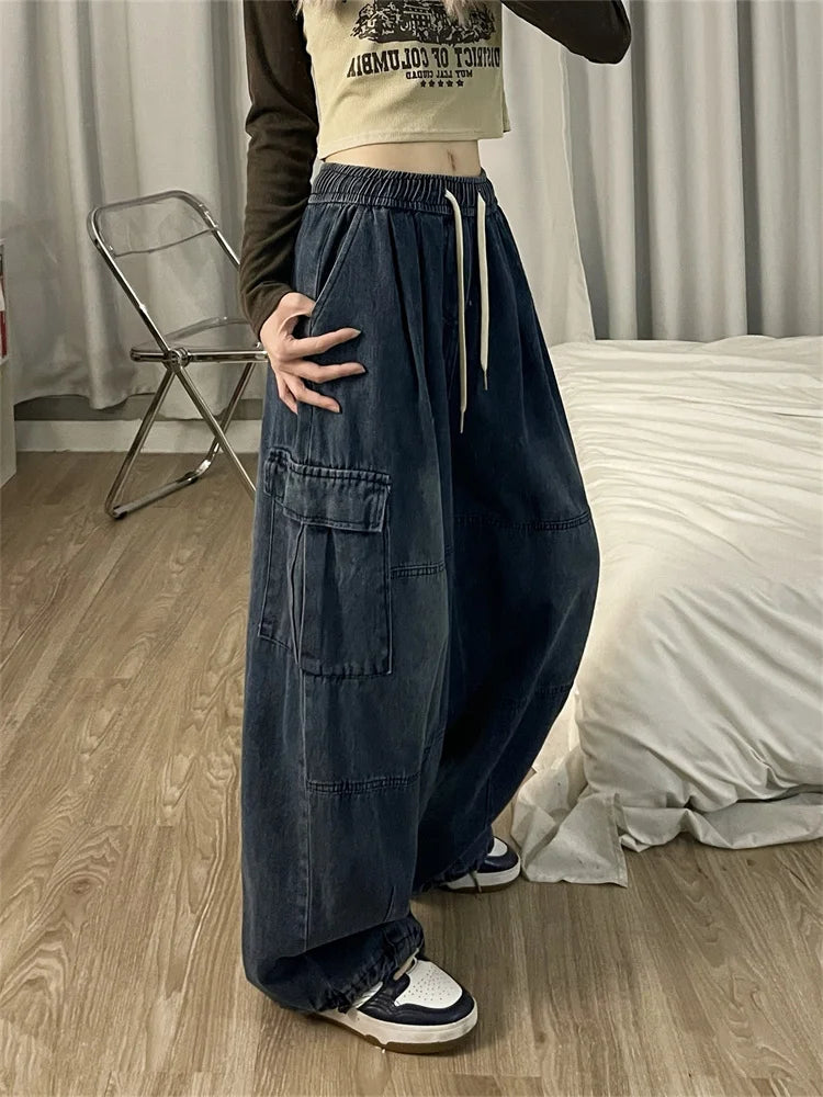 Vintage Blue Cargo Jeans Women Oversized  Denim Pants Hip Hop Streetwear Retro Wide Leg Trousers