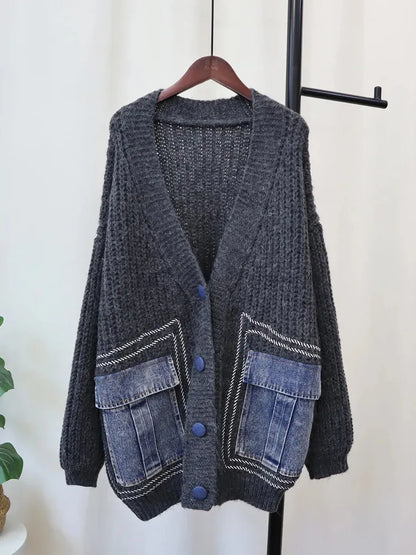 V-Neck Loose Cardigan Women  Long Sleeve Single Breasted Pockets Sweater Coat Women's Clothing Autumn Winter