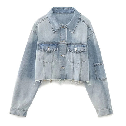 Women's Fashion Autumn/Winter Denim Crop Jacket Women Vintage Long Sleeve Front Button Female Chic Coat