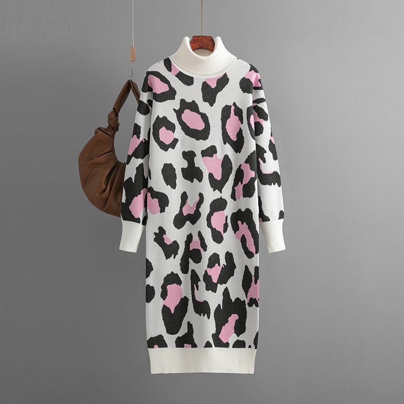 Leopard Jacquard Thick Autumn Winter Straight Sweaters Dress