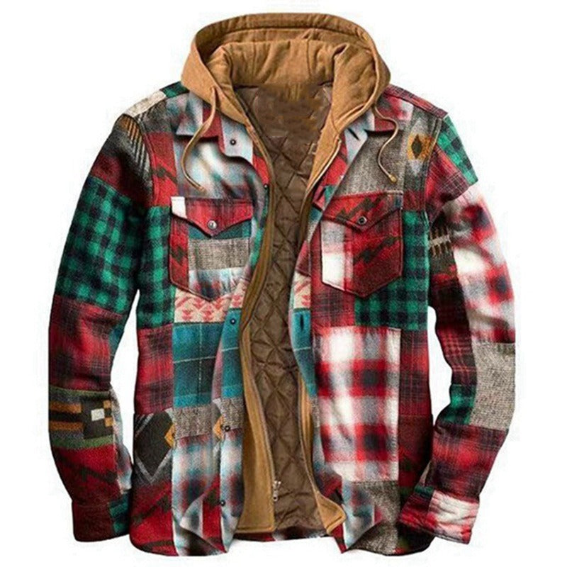 Men's plaid jacket long sleeved 3D fabric printed coat cotton jacket