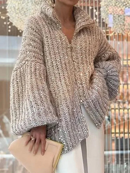 Sequins Decoration Cardigan Coat Women Lantern Sleeve Gradient Loose Fashion Winter Zip Sweater Jacket  Autumn