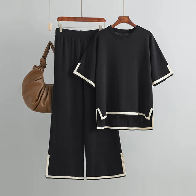 Minimalist Style Patchwork O-neck Short Sleeve Loose Sweater Casual Tops High Waist Pant 2 Piece Set