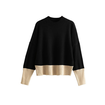 Women's knitted sweater round neck loose color blocked top sweater for women