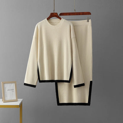 Autumn Warm Knitted Suits Loose Pullovers+Elastic Long Skirt Casual Home Wear Sweater Two Pieces Skirts Sets