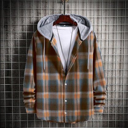 Men's long sleeved shirt autumn plaid casual loose trendy cool Korean plaid printed shirt jacket