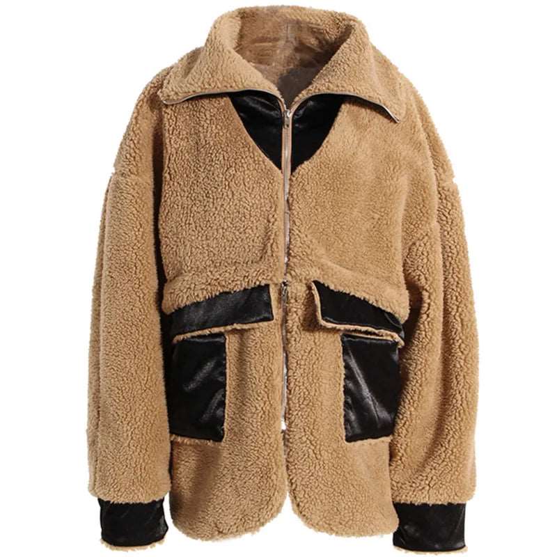 Detachable Shortened Turtleneck Coat Women Loose Solid Color Zipper Cardigan Lamb Coat