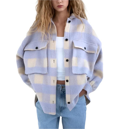 Stylish Sweet Plaid Woolen Shirt Jackets Women Fashion Pockets Turn-down Collar Check Jacket Cute Girls Chic Coat Streetwear