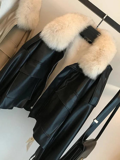 Winter Plush Thickened Leather Coat For Women Detachable Faux Fur Collar Outwears Warm JacketAutumn Winter New