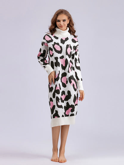 Leopard Jacquard Thick Autumn Winter Straight Sweaters Dress