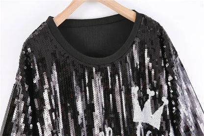 Summer New Round Neck Sequins Short Sleeve Loose Letter Women's Tops Streetwear Hip Hop Straight Black Night Club T-Shirt