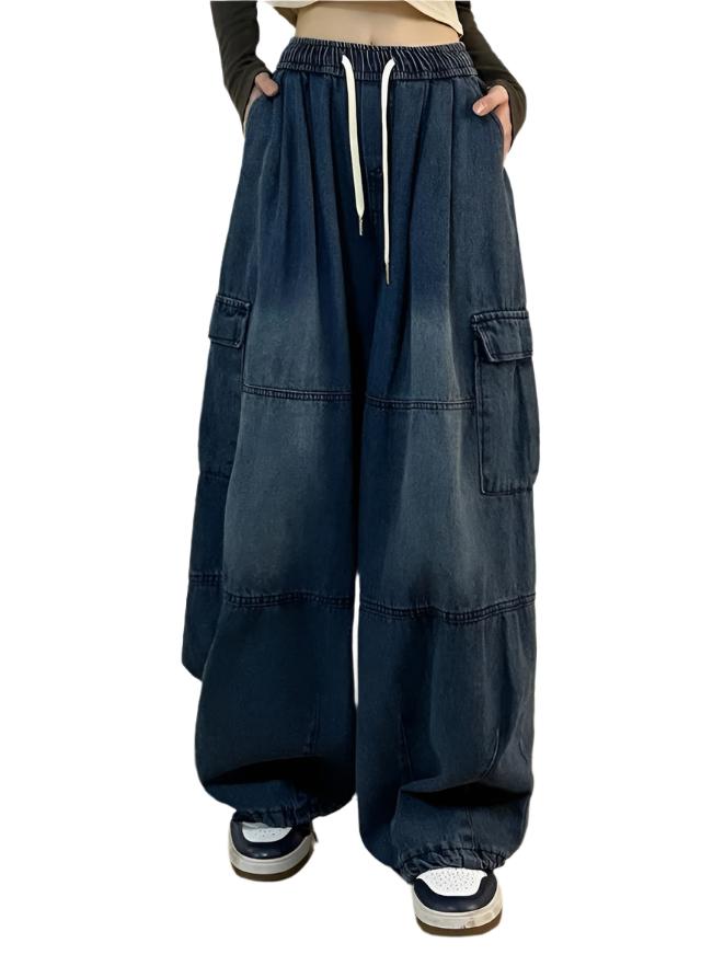 Vintage Blue Cargo Jeans Women Oversized  Denim Pants Hip Hop Streetwear Retro Wide Leg Trousers