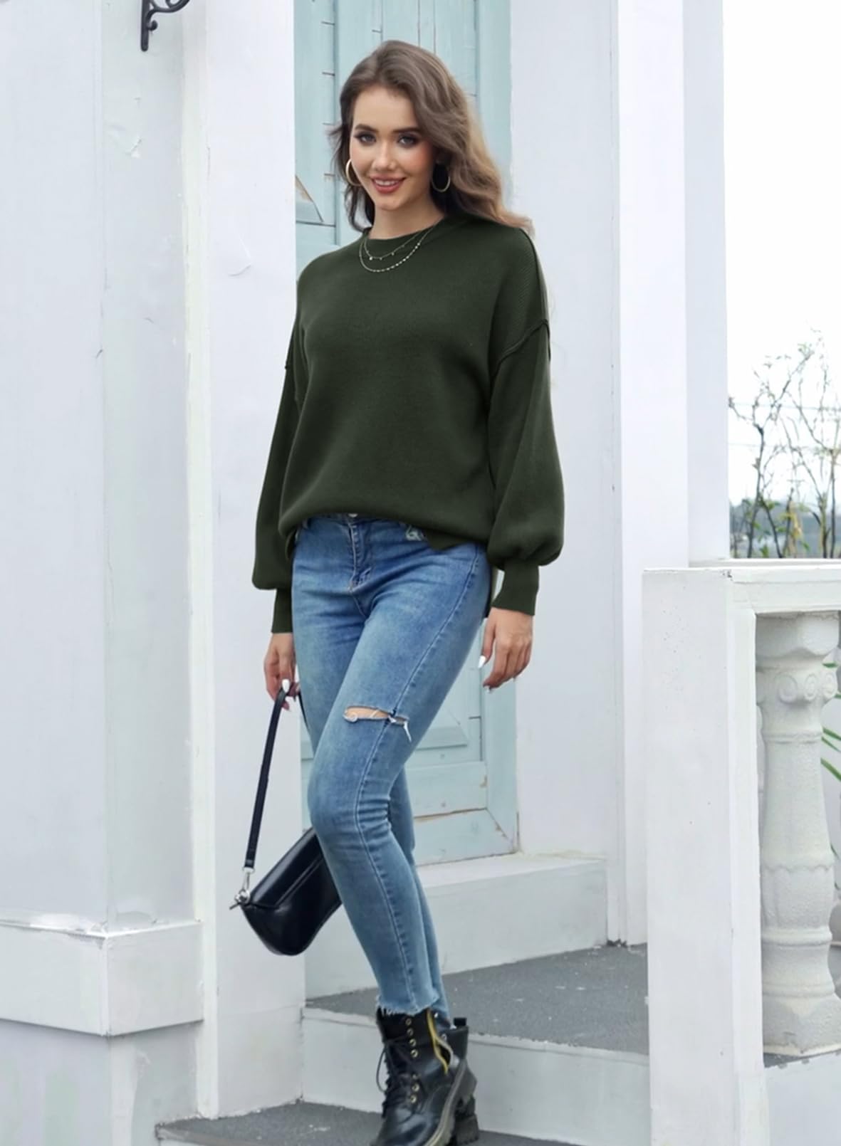 Tincini Women's Jumpers Winter Casual Crew Neck Knitted Sweaters Long Sleeve Loose Pullover with Side Slit Jumper Tops Sweatshirt (Army Green, S)