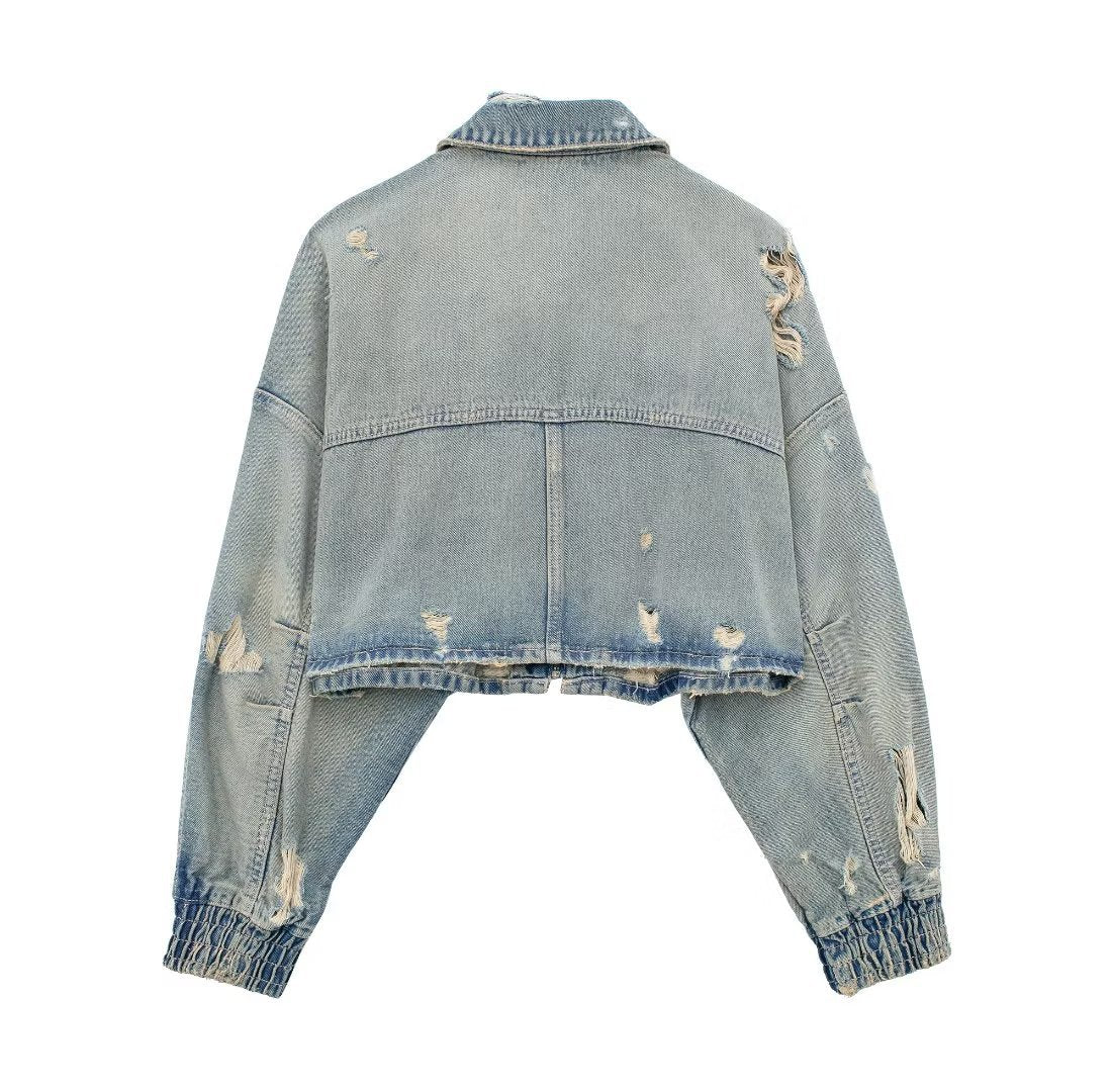 Women's Fashion  Autumn/Winter Ripped Crop Denim Jacket Women Vintage Long Sleeve Zipper StreetWear Female Coat