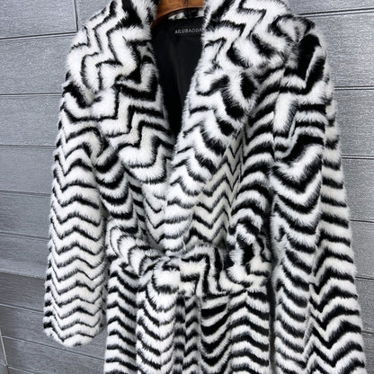 Super Long Women Faux Fur Coat Luxury Lapel Thick Warm Black White Striped Furry Women Jacket Winter Clothes Women