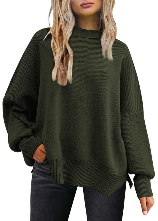 Tincini Women's Jumpers Winter Casual Crew Neck Knitted Sweaters Long Sleeve Loose Pullover with Side Slit Jumper Tops Sweatshirt (Army Green, S)