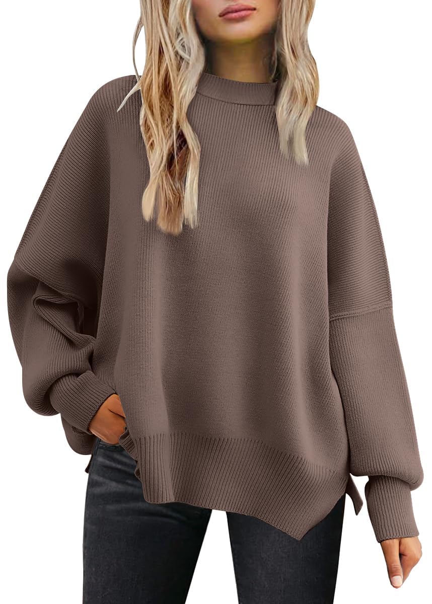 Tincini Women's Jumpers Winter Casual Crew Neck Knitted Sweaters Long Sleeve Loose Pullover with Side Slit Jumper Tops Sweatshirt (Nutmeg, S)